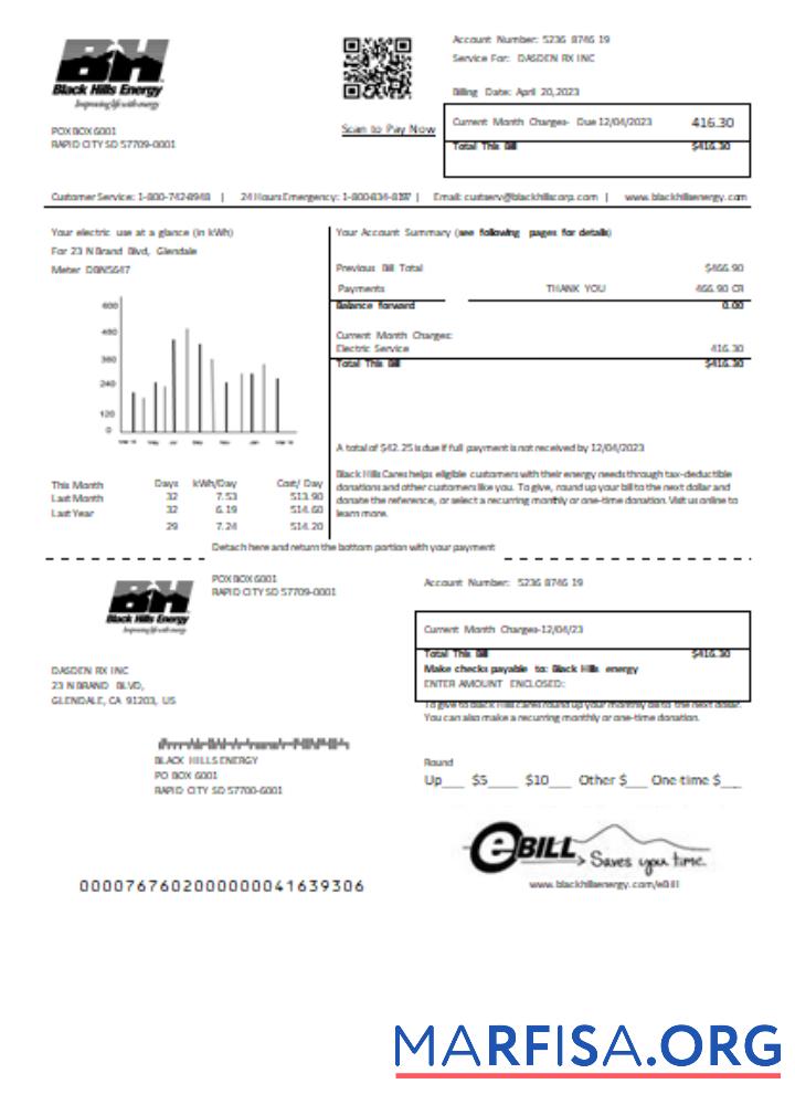 Printable Black Hills Energy utility business bill, SCR example